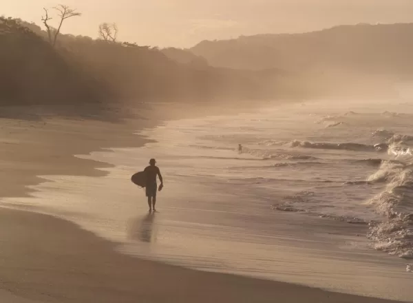 A surfer walks the coastline after a day in the surf