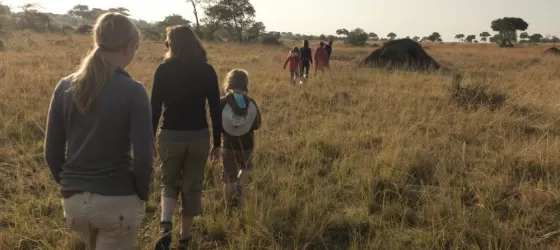 A young family walks through the African landscape
