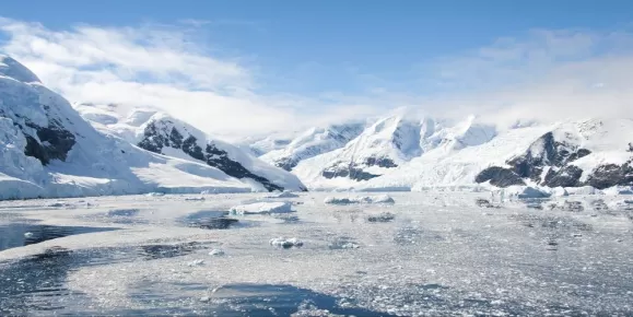 Icebergs reflected in Antarctica's Paradise Bay