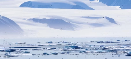 Kayakers and zodiacs cruise the waters of the Arctic