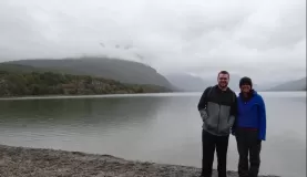 Tierra del Fuego: Across the lake, right behind our heads, is Chile!