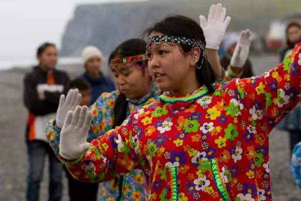 Young women dance in celebration of the Beringia Arctic Games