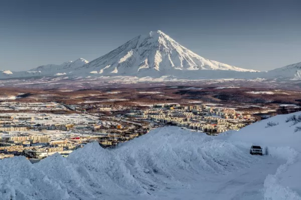 Petropavlovsk-Kamchatsky cityscape and Koryaksky volcano