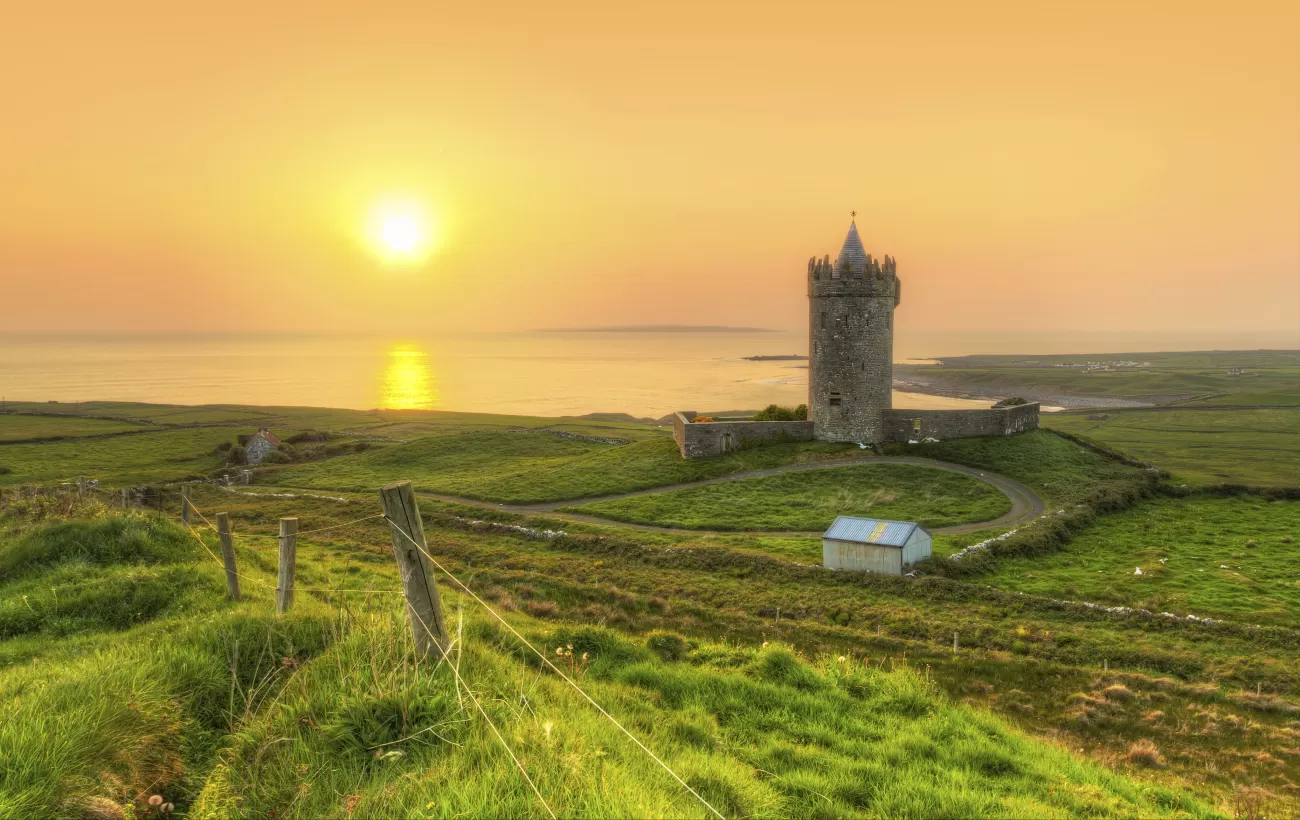 Coast of County Clare at sunset in Ireland