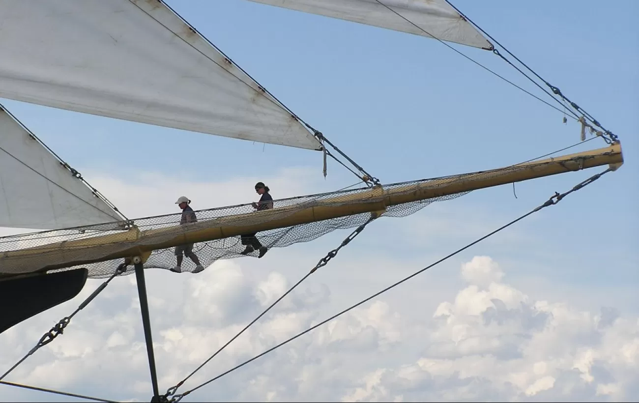 Guests climb down the netting of the Caledonia after viewing the horizon