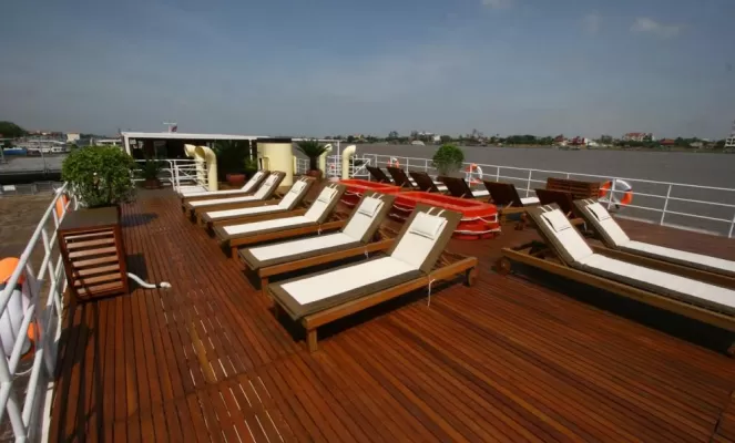 Relax in the sun on the deck of the RV Indochine