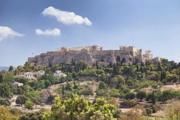 The towering ruins of the Acropolis rise over Athens