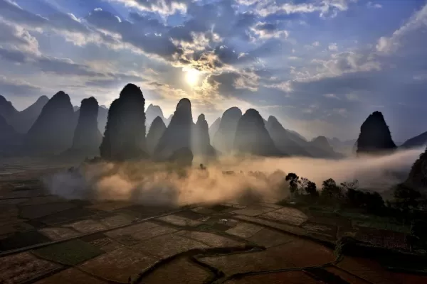 Sunrise over the mountains of Yangshuo