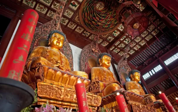 Three sitting buddhas at the Jade Buddha Temple in Shanghai