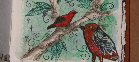 Vermilion Tanager, acrylic, marker and colored pencil