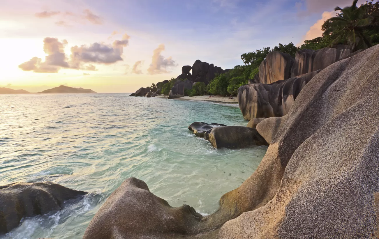 Dramatic sunset over La Digue Island in the Seychelles