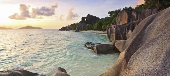 Dramatic sunset over La Digue Island in the Seychelles
