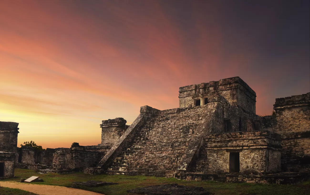 Sunset in ancient Mayan city of Tulum