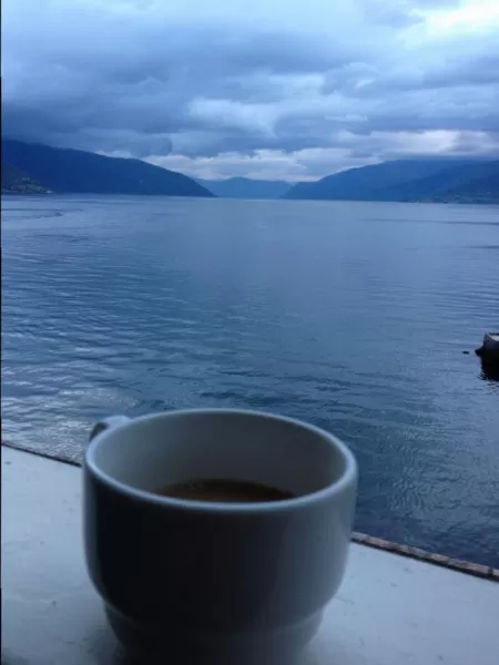 Coffee with a view from my room at Kviknes Hotel, Balestrand