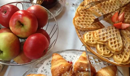 Breakfast waffles at Walaker Hotell, the oldest hotel in Norway
