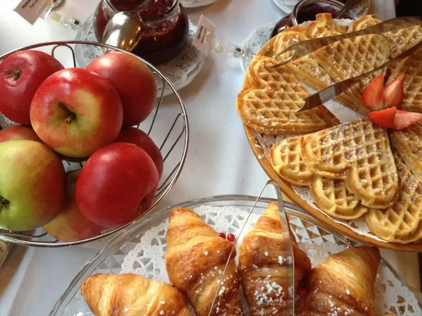 Breakfast waffles at Walaker Hotell, the oldest hotel in Norway