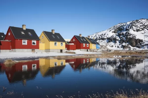 Reflection of colorful houses in Greenland