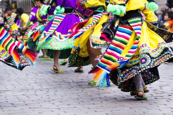 Colorful Peruvian dancers at a parade